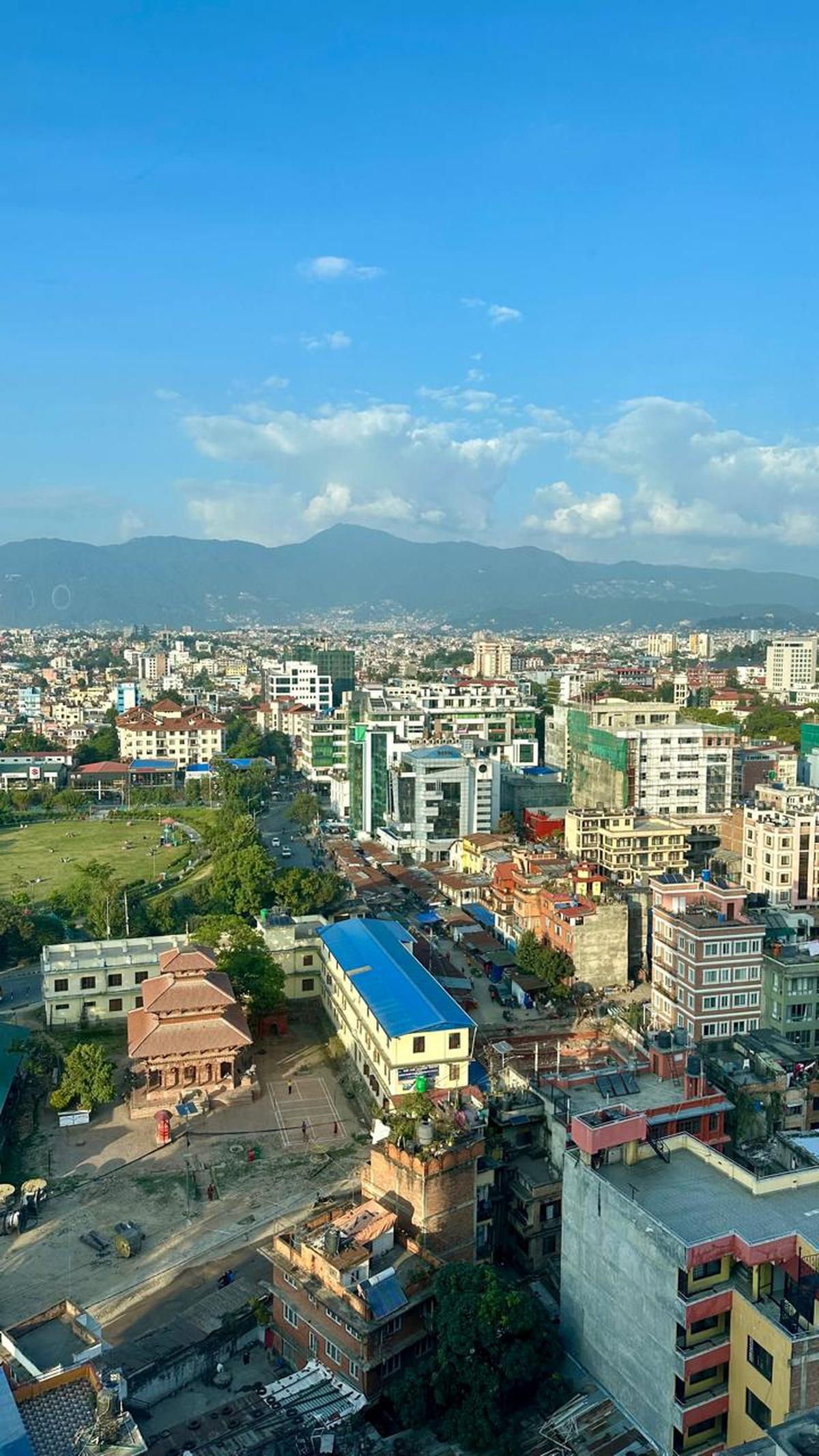 A view of Kathmandu from the wide windows of the Kathmandu Marriott Hotel room, Kathmandu, Nepal. 