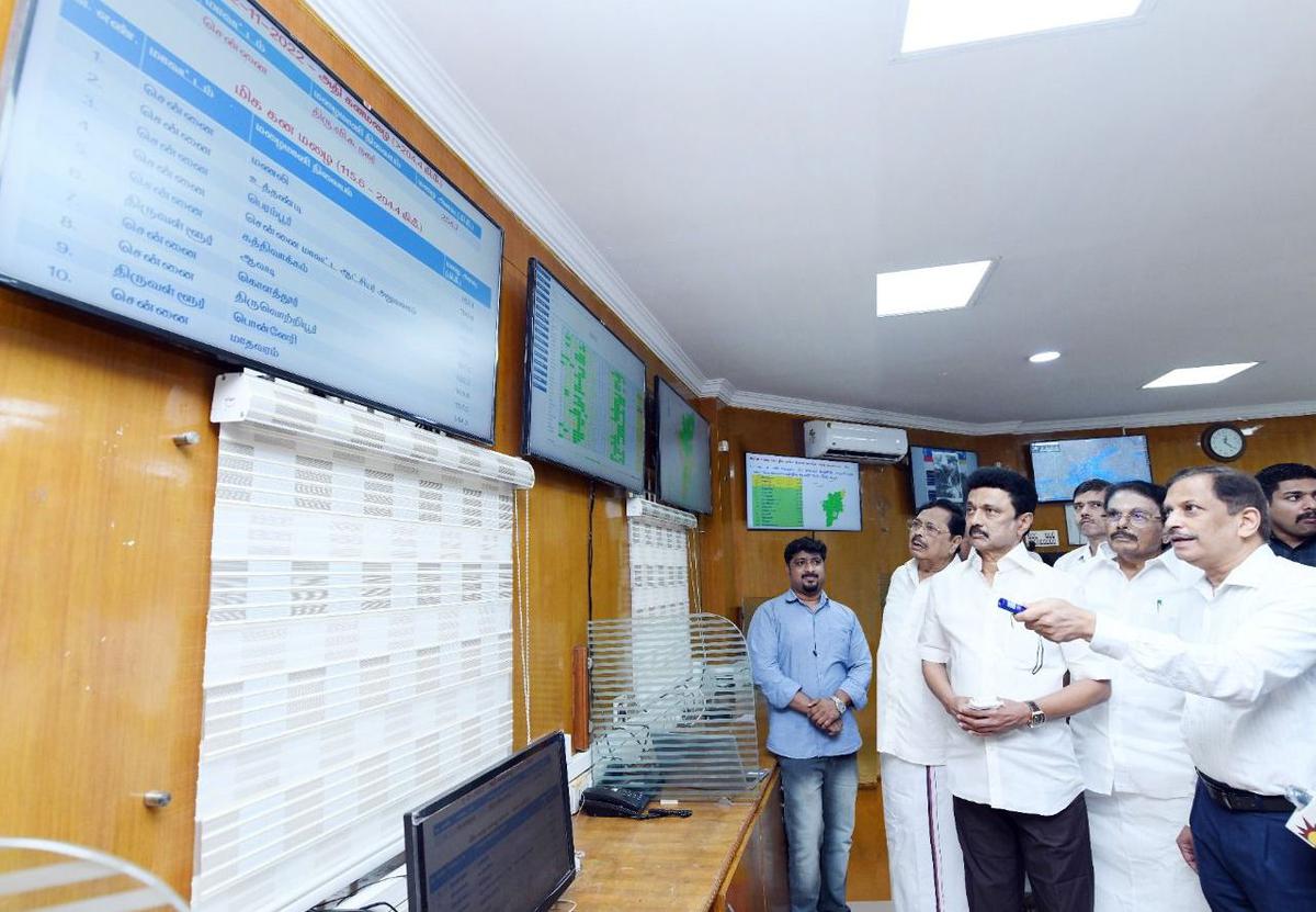 Tamil Nadu CM M. K. Stalin inspects the Emergency Operation Centre, at Ezhilagam, in Chennai, on November 2. 