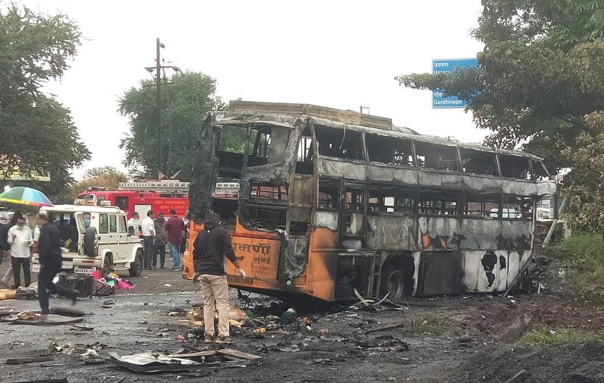 11 killed, over 25 injured after private bus hit truck, catches fire at Nashik