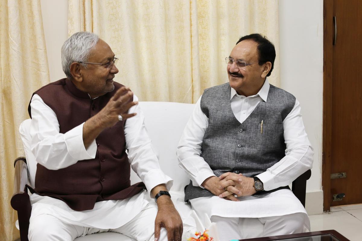 Bihar Chief Minister Nitish Kumar with BJP president J.P. Nadda in Patna on Tuesday, February 25, 2025. 