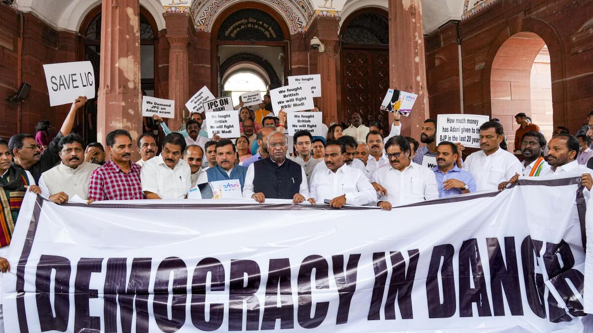 Opposition holds protest march after Rahul Gandhi’s disqualification from Lok Sabha; seeks JPC probe into Adani issue