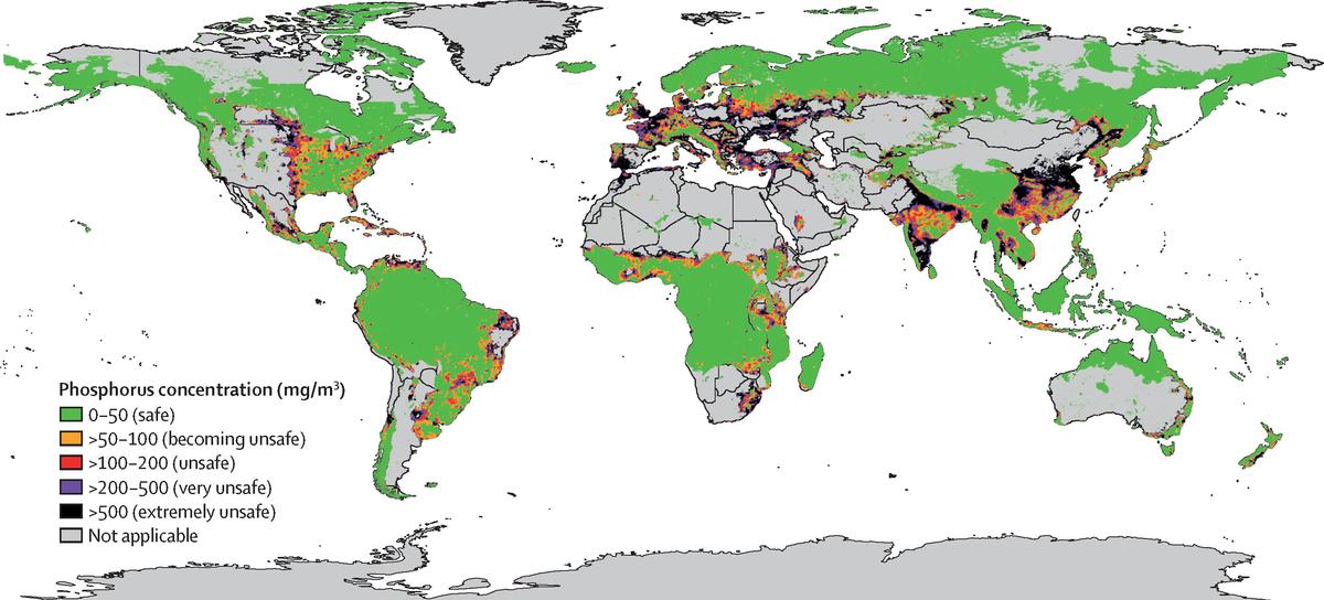 Global anthropogenic phosphorus concentrations in surface water from agriculture, industrial, and domestic sources in 2002-2010