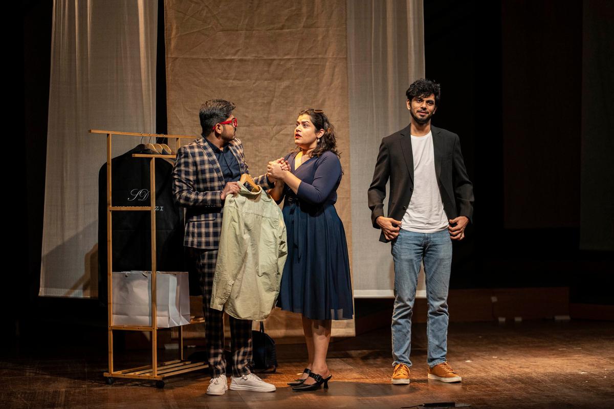 Tavish Bhattacharya (left), Shikha Talsania (c) and Aditya Rawal during the rehearsal of the play As Bees in Honey Drown.