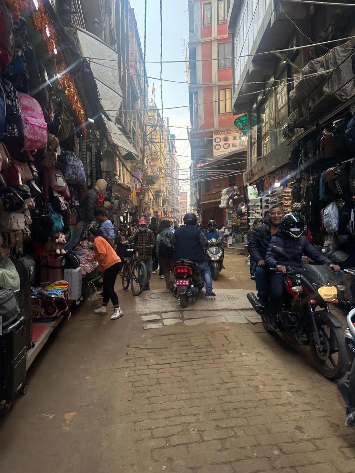 The bustling Thamel Market in Kathmandu, Nepal.