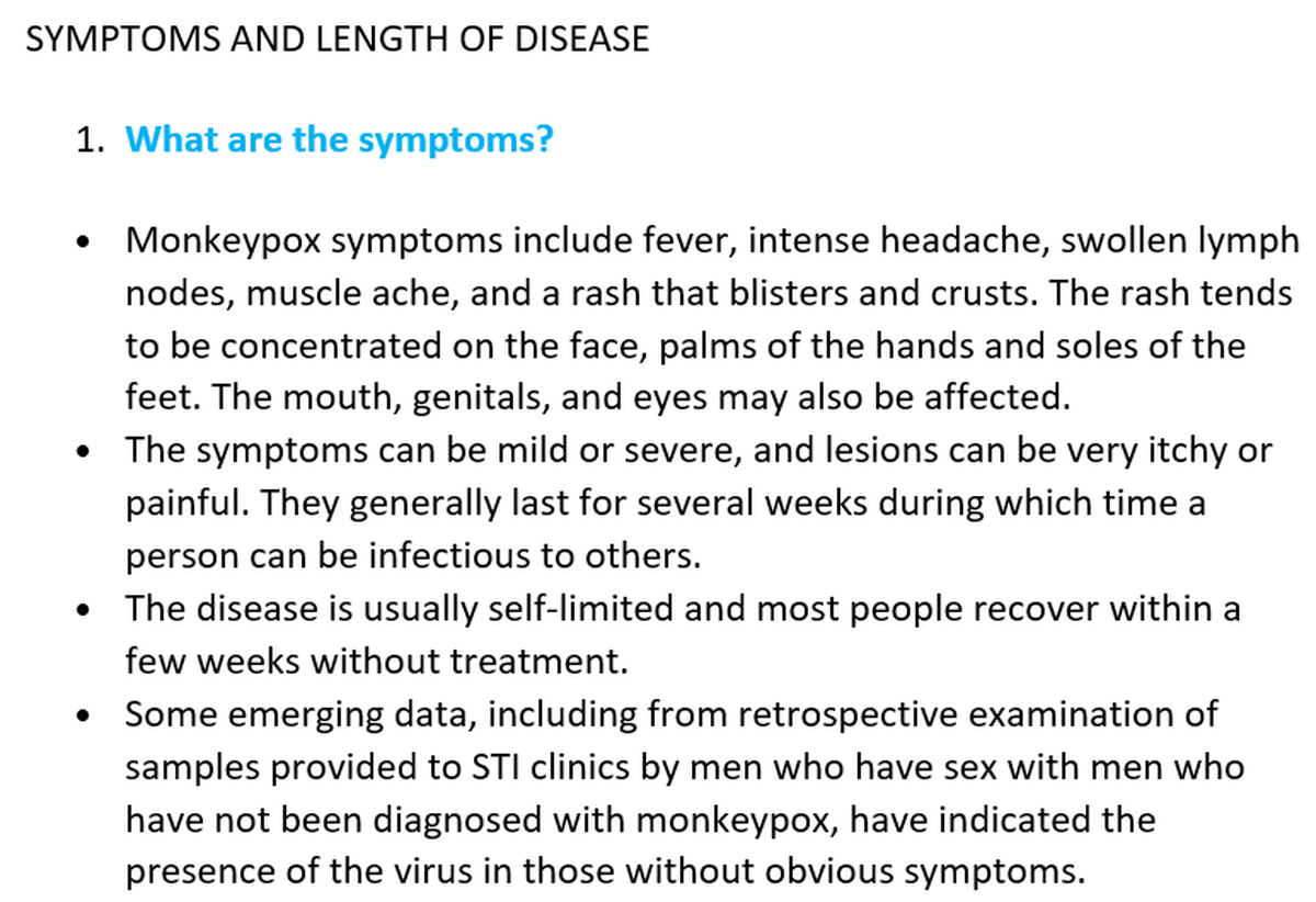 Guidance on symptoms and length of the disease. Credit: WHO