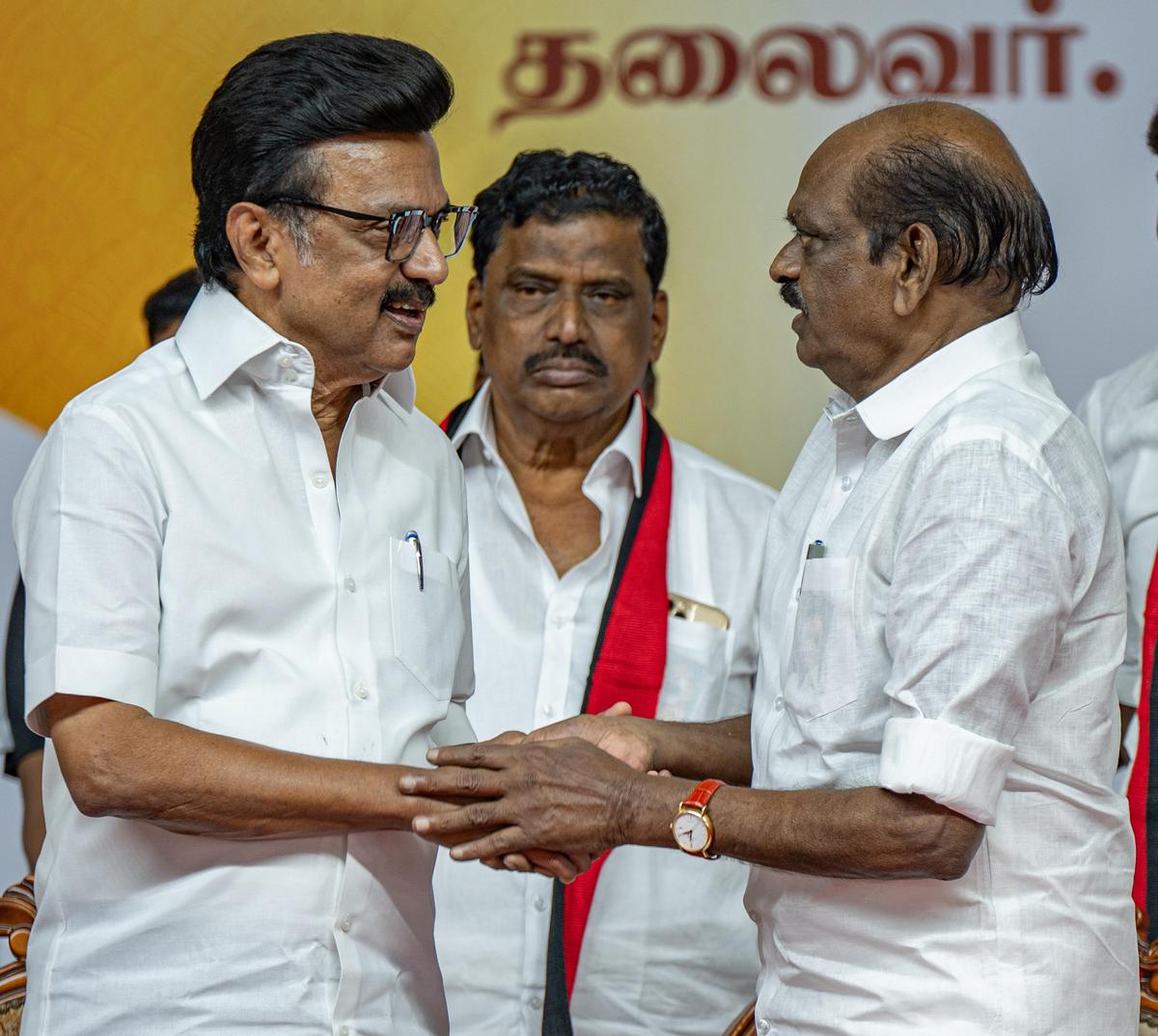DMK president and Tamil Nadu Chief Minister with R. Vaithilingam at Sengipatti in Thanjavur district on January 26, 2026
