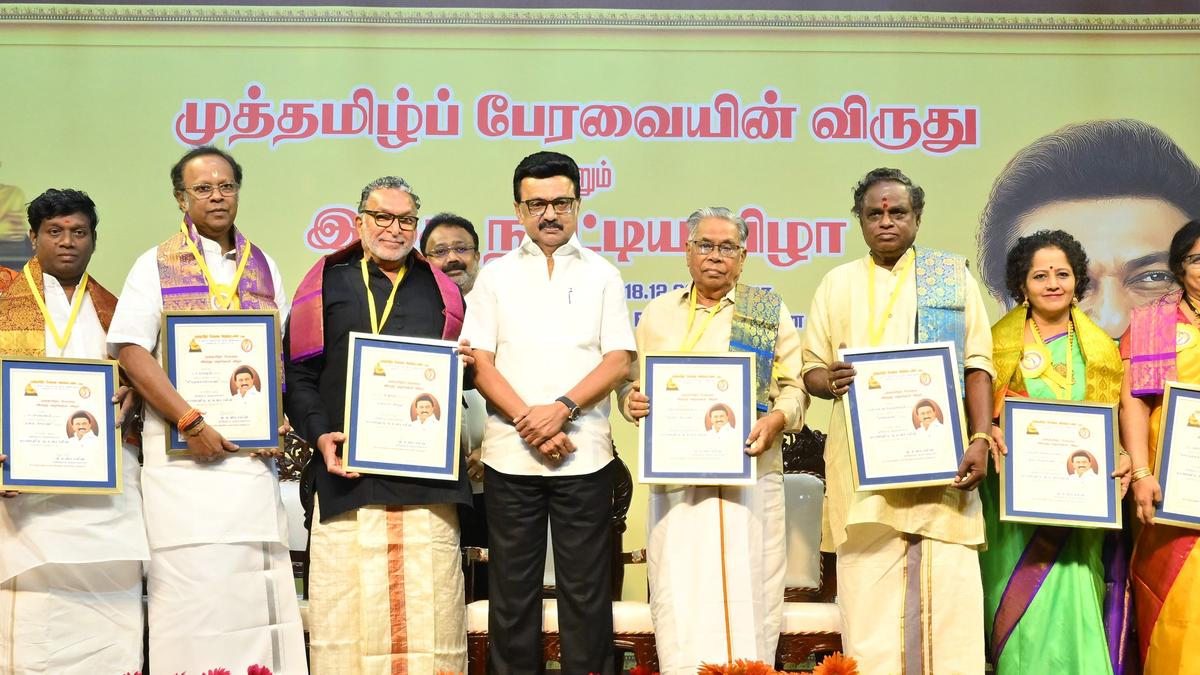 Chief Minister M.K. Stalin presents Muthamizh Peravai awards to artistes