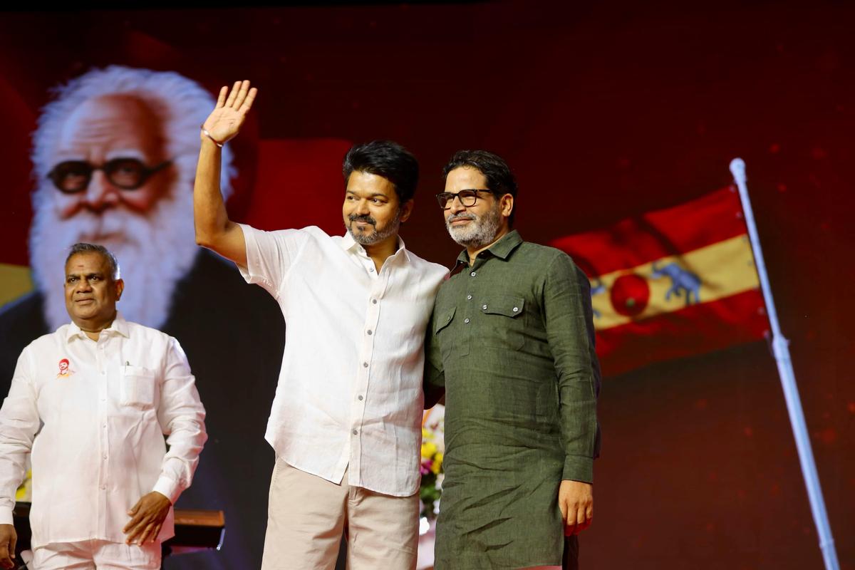 TVK president Vijay with Jan Suraaj Party founder Prashant Kishor, at the party event in Mamallapuram on Wednesday