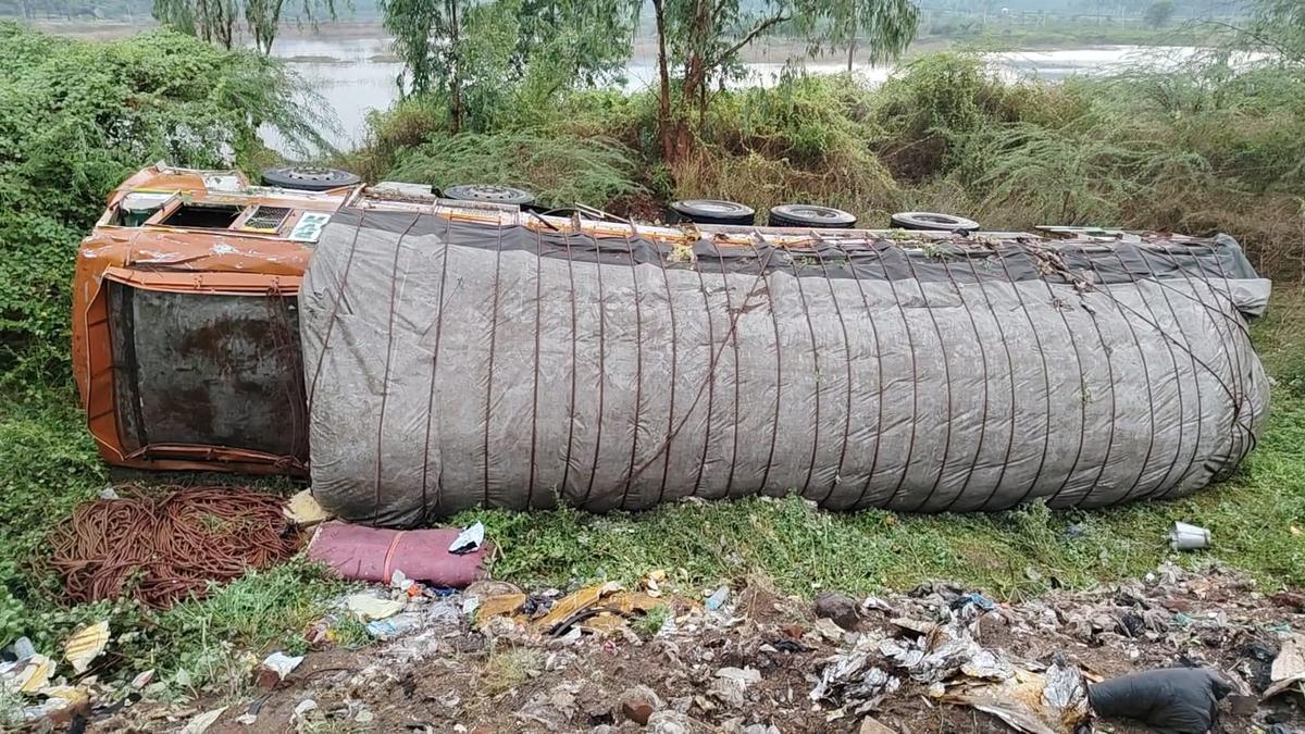 PDS rice laden lorry overturns on hill road near Gudiyatham