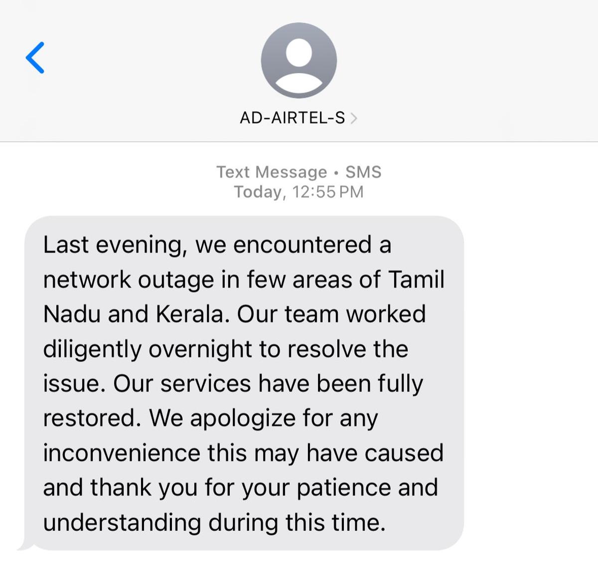 Screengrab of the text message sent by Airtel to its consumers on May 14, 2025