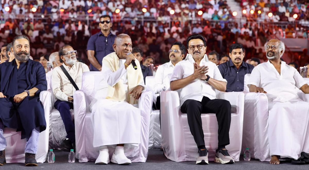 (from left) Actor and Rajya Sabha MP Kamal Haasan, Ilaiyaraaja, Tamil Nadu Chief Minister M.K. Stalin and actor Rajinikanth at Chennai on September 13, 2025