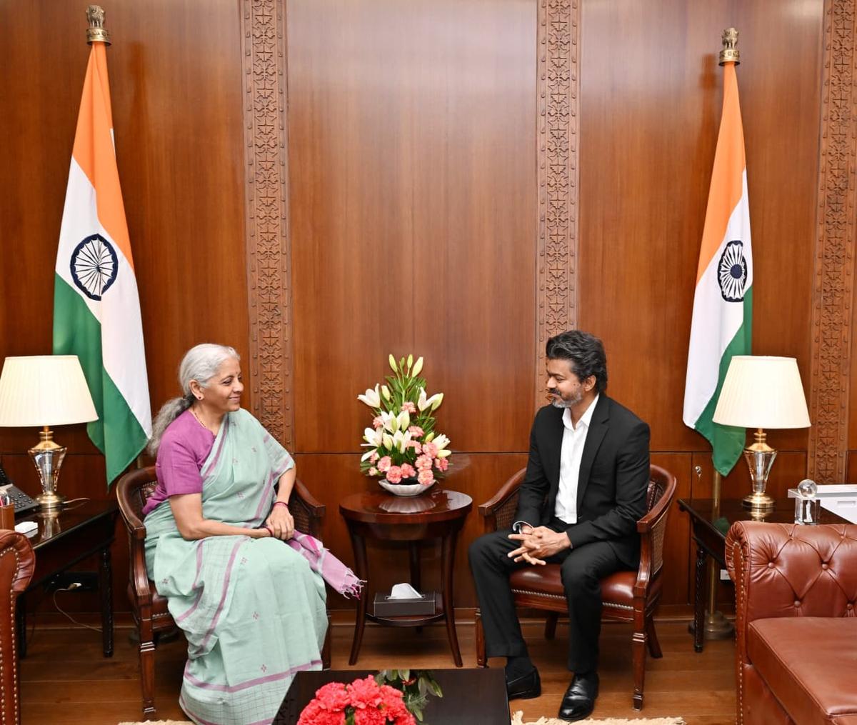 Tamil Nadu Chief Minister C. Joseph Vijay calling on Union Finance Minister Nirmala Sitharaman at her office in New Delhi on Wednesday.