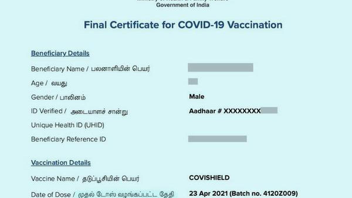 Error crops up in final COVID19 vaccination certificate The Hindu