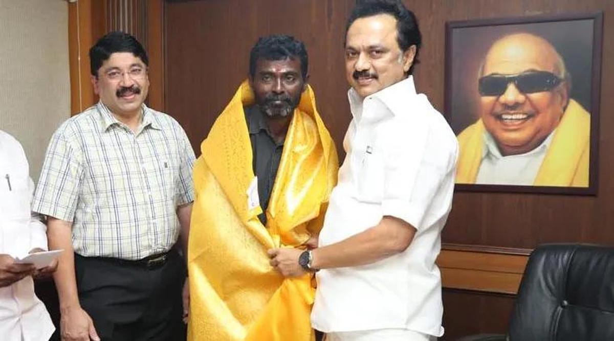 N. Selvaraj being felicitated by now Chief Minister M.K Stalin in 2019 for his service during the 2014 Chennai Central bomb blast.