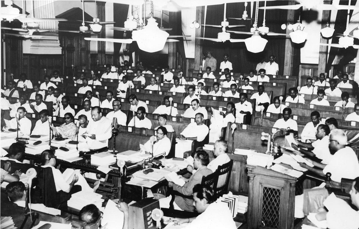 K.A. Mathialagan, Finance Minister of Tamil Nadu, is seen presenting the Budget for the year 1969-70 on the floor of the Legislative Assembly on March 01, 1969.