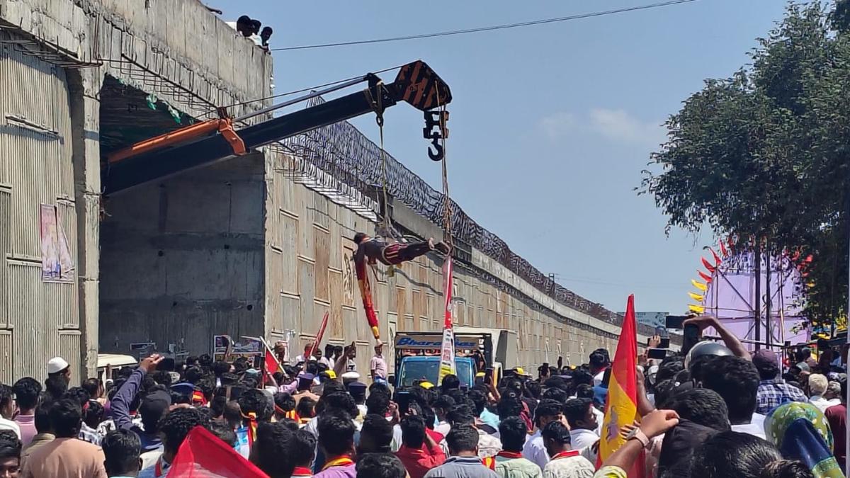 TVK cadre, crane operator arrested for using crane to garland Vijay during Vellore visit