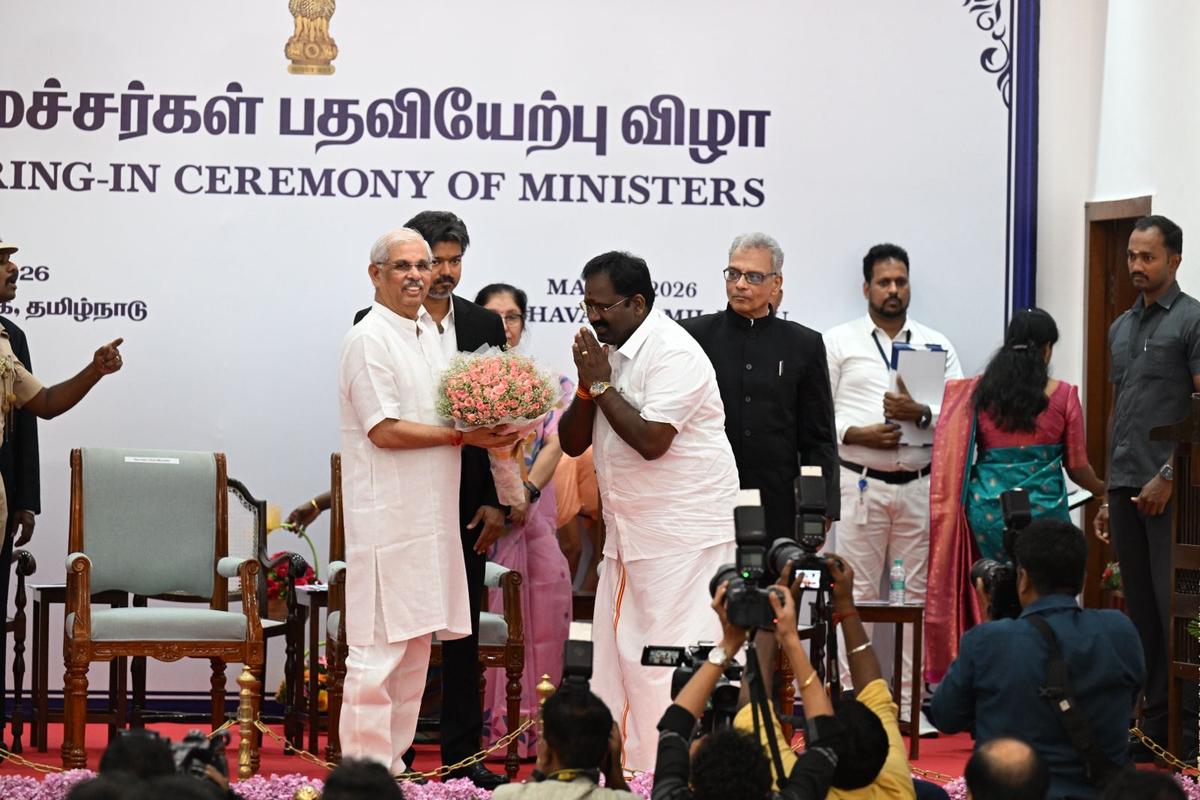 R.V. Ranjithkumar (50), the TVK MLA from Kancheepuram constituency greets Tamil Nadu Governor Rajendra Vishwanath Arlekar at Lok Bhavan in Chennai on May 21, 2026