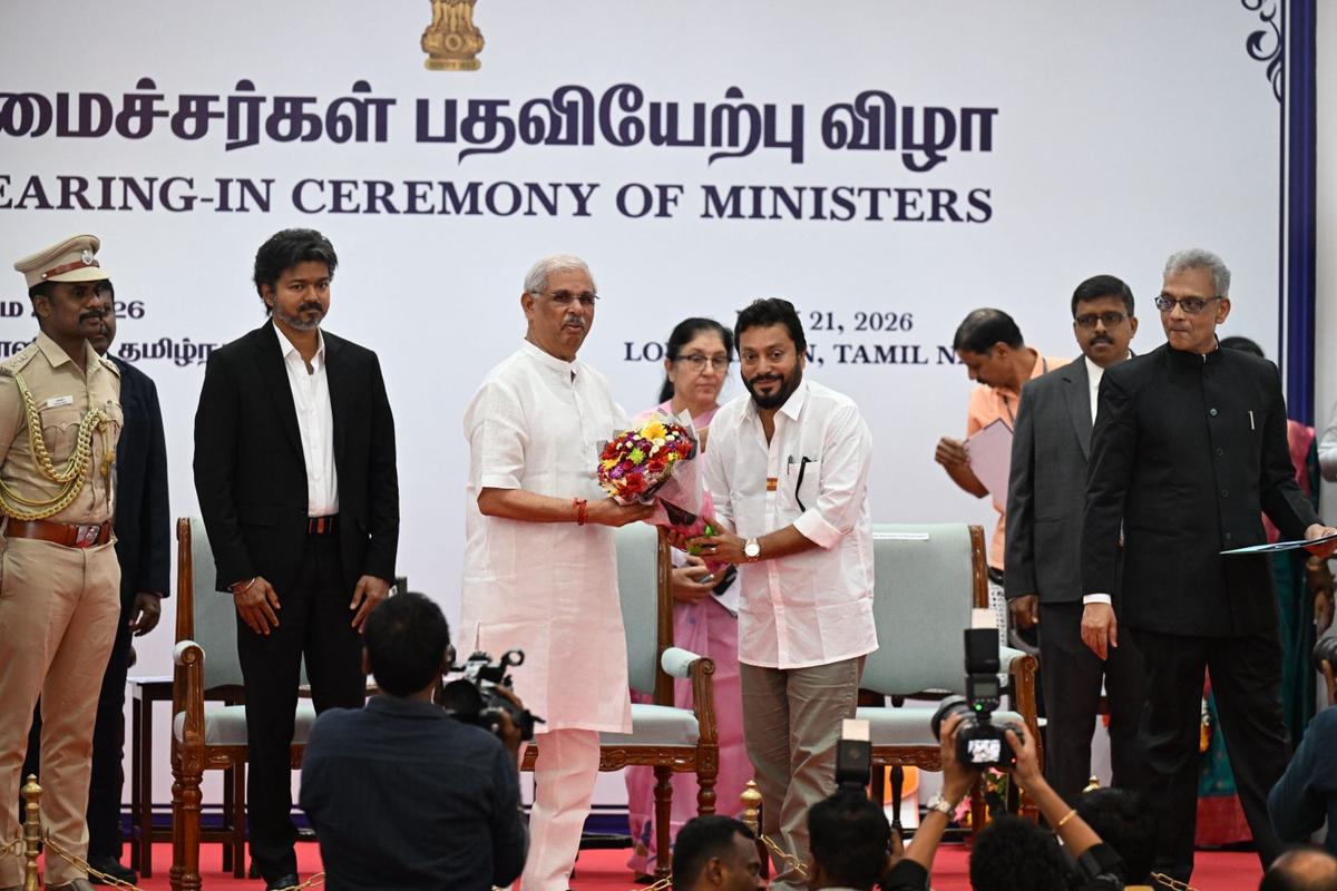 Thoothukudi MLA and actor A. Srinath greets Tamil Nadu Governor Rajendra Vishwanath Arlekar during the swearing-in of 23 new Ministers as part of Tamil Nadu Cabinet expansion, at the Lok Bhavan in Chennai on May 21, 2026