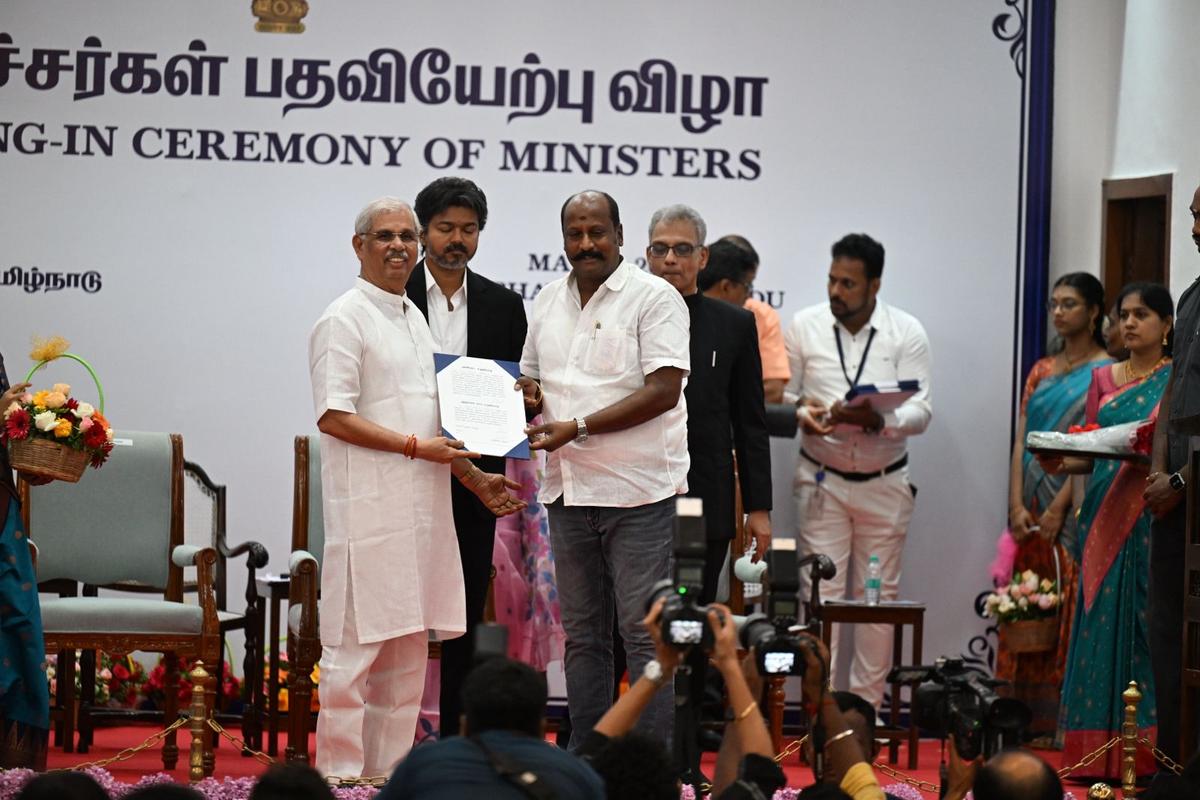 A. Vijay Tamilan Parthiban, the TVK MLA from Salem South constituency, during the swearing-in as part of Tamil Nadu Cabinet expansion, at the Lok Bhavan in Chennai on May 21, 2026