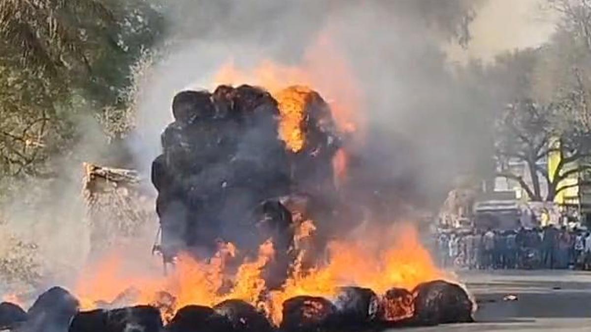 Straw-laden truck touches live wire; goes up in flames near Gudiyatham
