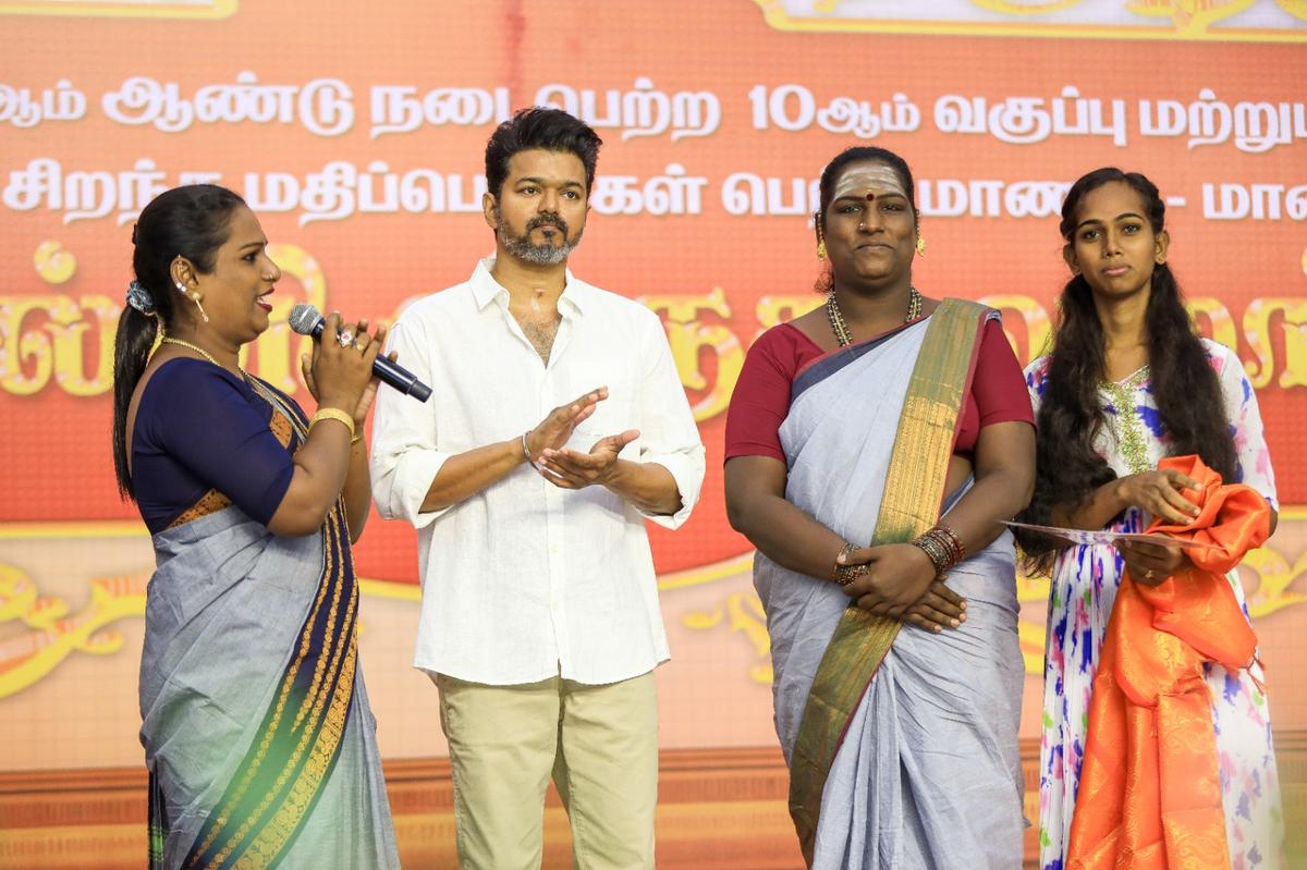 Tamilaga Vettri Kazhagam founder and actor Vijay honoured students who topped this year’s school board examinations in his party’s ‘meet-and-greet’ programme organised in Chennai on Wednesday. 