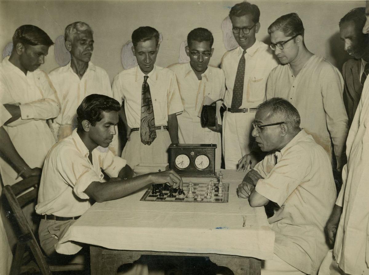 M. Aaron, winner of the Kasturi Cup Chess Tournament conducted by the Madras Chess Association, seen in action against S. Venkatraman.  (circa March 8, 1958 (Published in Sport and Pastime on March 22, 1958)  