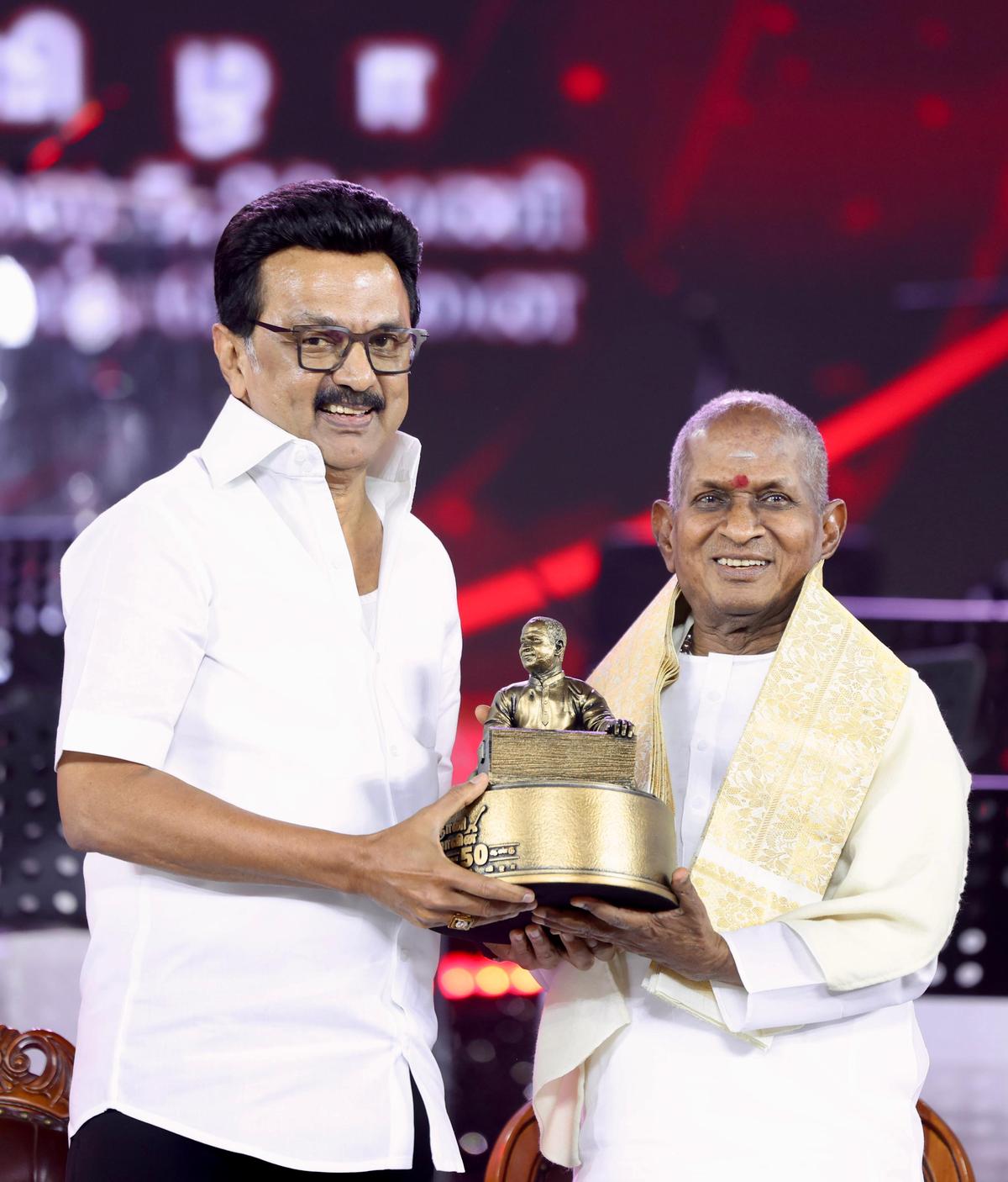 Tamil Nadu Chief Minister M.K. Stalin honouring music composer Ilaiyaraaja in Chennai on September 13, 2025