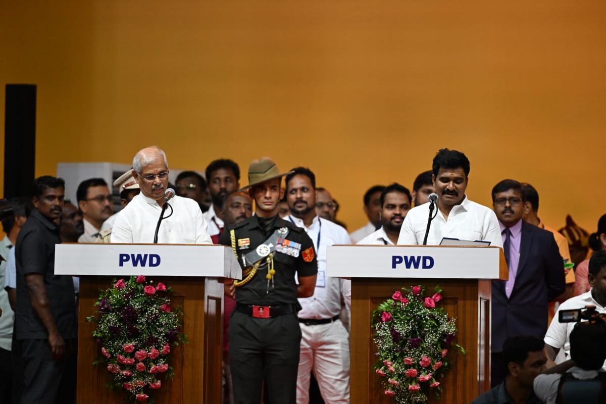 Tamil Nadu Governor Rajendra Vishwanath Arlekar administers oath of office to C.T.R. Nirmalkumar during the swearing-in ceremony held at Chennai on May 10, 2026