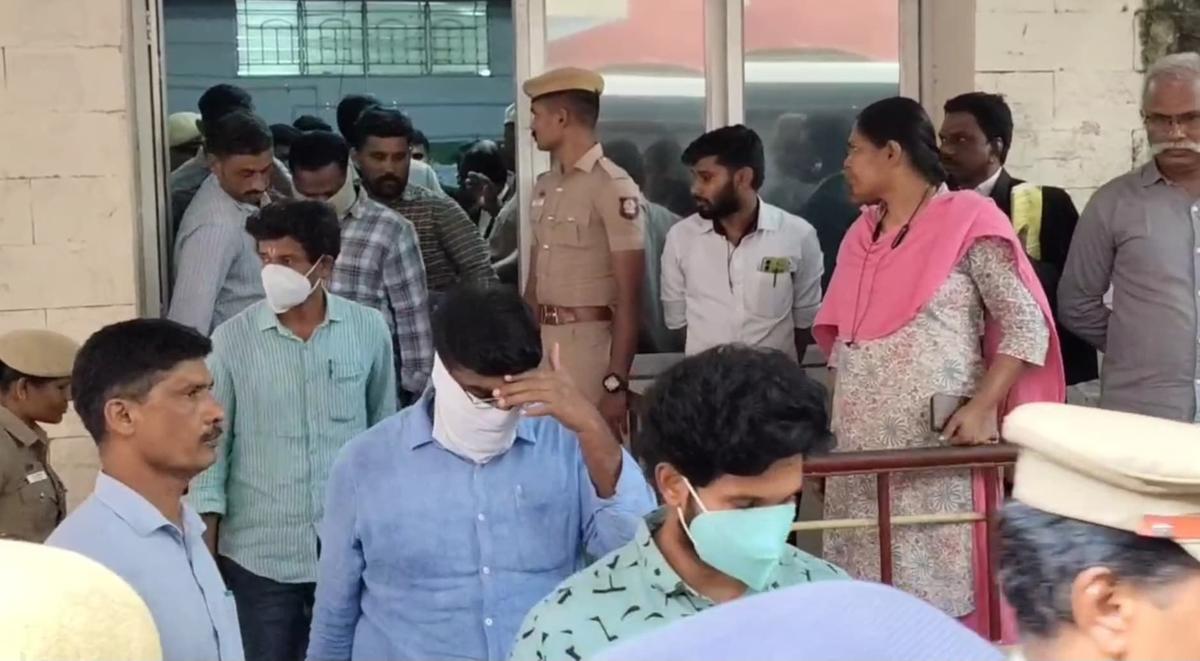 Accused in the Pollachi sexual assault case at the Combined Court Complex in Coimbatore on April 28, 2025. Accused in the Pollachi sexual assault case at the Combined Court Complex in Coimbatore on April 28, 2025.