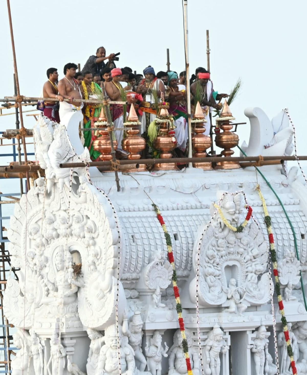 The consecration ceremony under way at Tiruchendur Subramanya Swamy temple