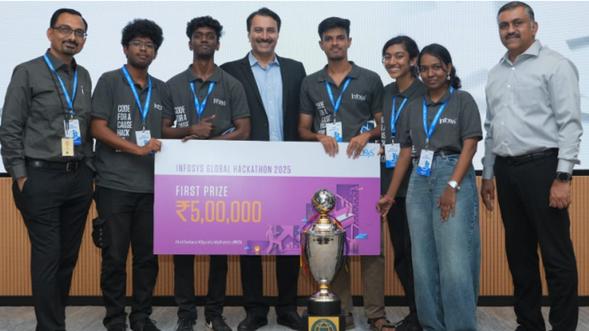 Students from the Hindustan Institute showcase their winning AI-powered farming app at the Infosys Global Hackathon.