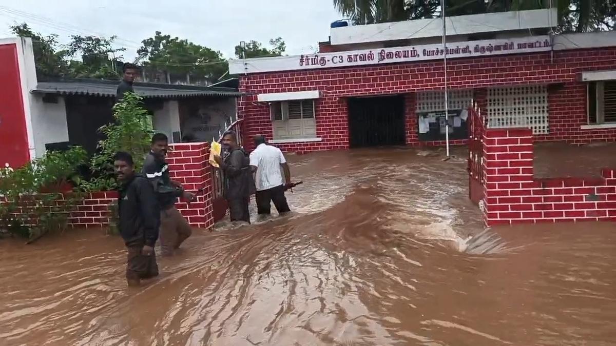 A police station in Pochampalli near Uthangarai severely inundated owing to heavy downpour in Krishnagiri district. Pochampalli received 250 mm of rainfall on Monday