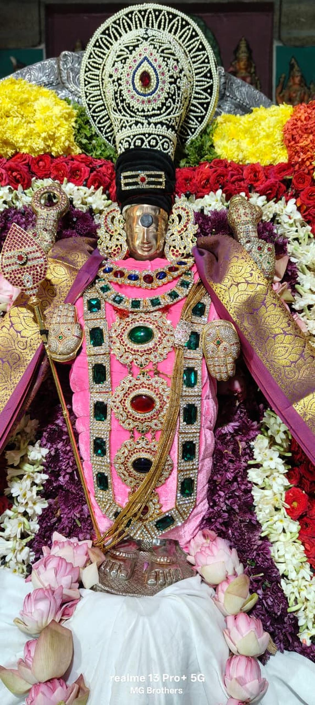 The utsava idol of Lord Kandaswamy at Tiruporur during the procession on Saturday evening. The utsava idol of Lord Kandaswamy at Tiruporur during the procession on Saturday evening.