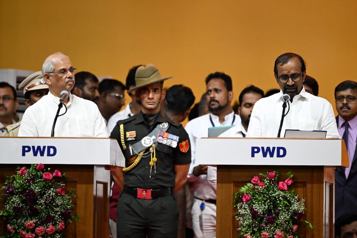 P. Venkataramanan being sworn in by Tamil Nadu Governor Rajendra Vishwanath Arlekar at Chennai on May 10, 2026