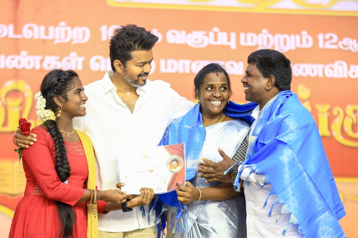 Tamilaga Vettri Kazhagam founder and actor Vijay honoured students who topped this year’s school board examinations in his party’s ‘meet-and-greet’ programme in Chennai on Wednesday. 