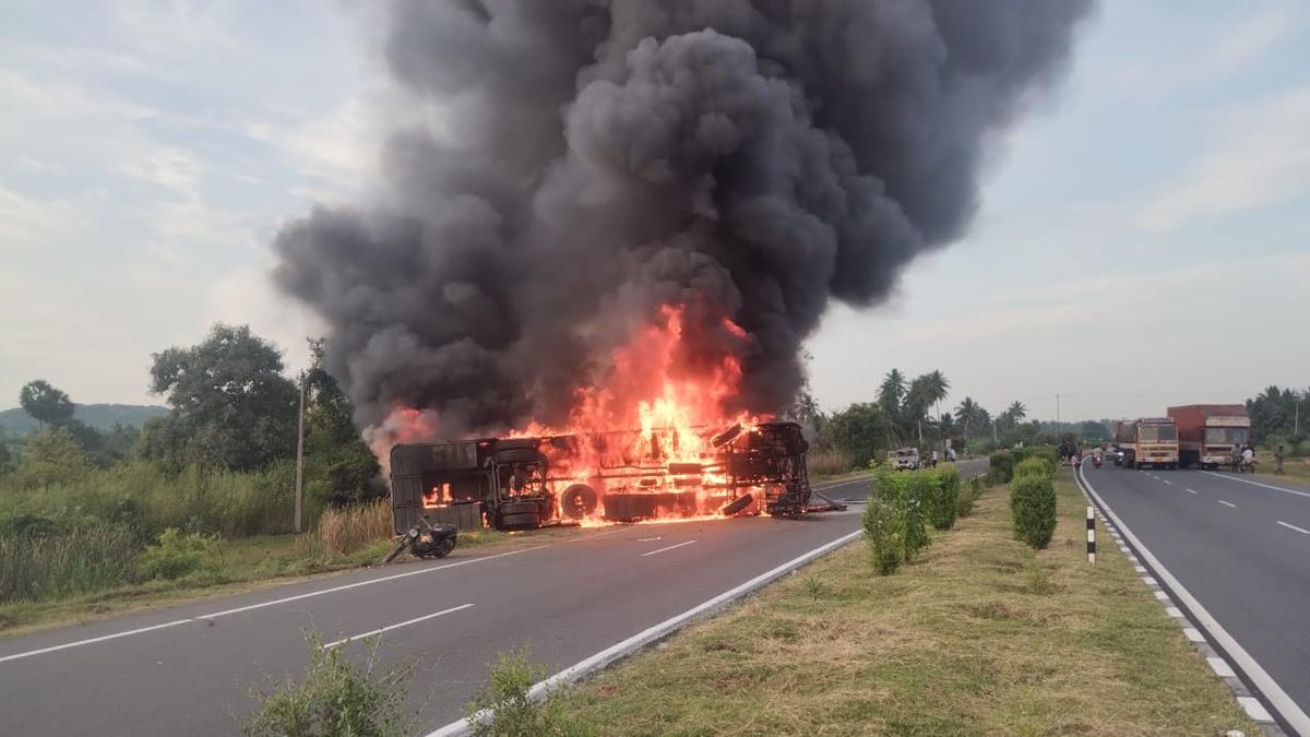 Omni bus topples and catches fire on NH in Salem; one killed