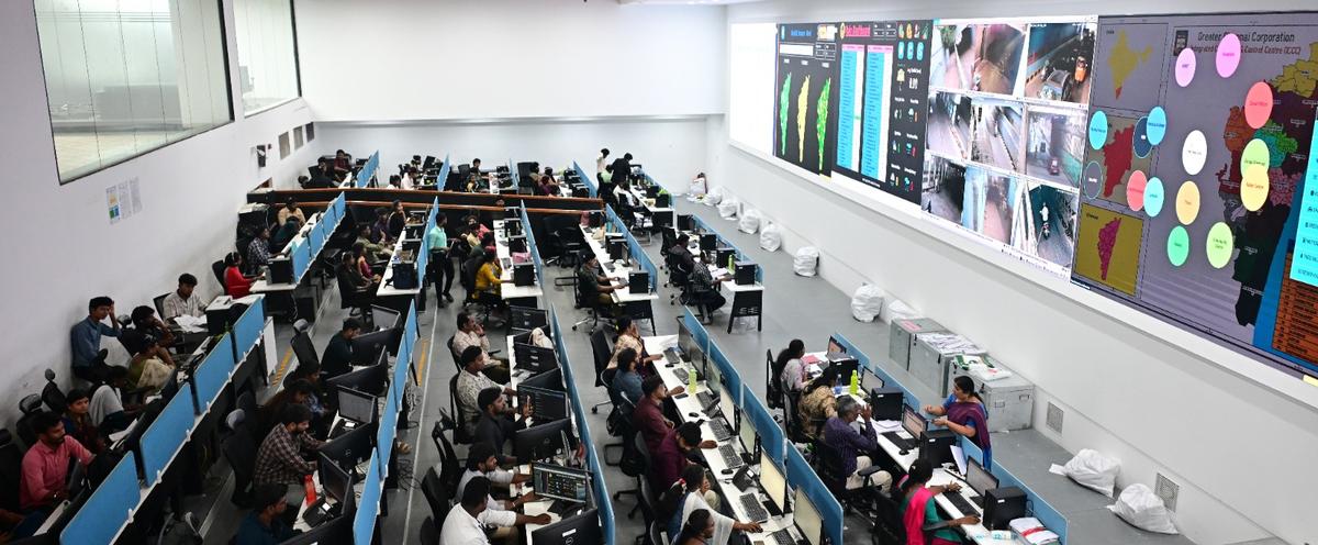 Real-time monitoring of rain-related developments by officials is underway at the Integrated Command Centre in the Ripon Building in Chennai on November 28, 2025 Real-time monitoring of rain-related developments by officials is underway at the Integrated Command Centre in the Ripon Building in Chennai on November 28, 2025