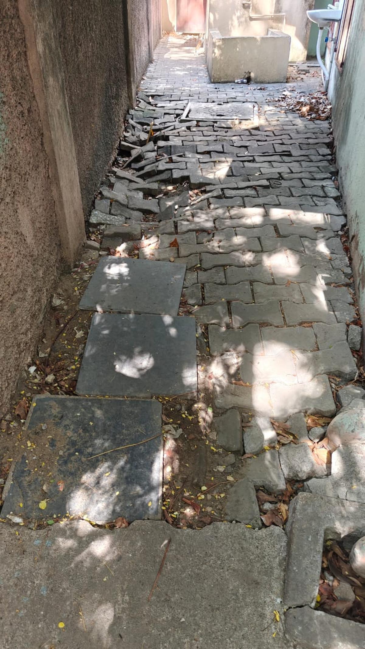 Broken pavement blocks at the premises of the Chennai Corporation Middle School in Namachivayapuram, Choolaimedu, where 280 children studied in 2023-24. Ward 109 Councillor mentioned the building is in a dilapidated condition for over three years.