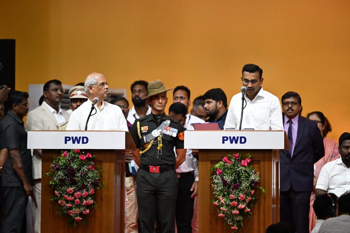 Tamil Nadu Governor Rajendra Vishwanath Arlekar administers oath of office to K.G. Arunraj in Chennai on May 10, 2026