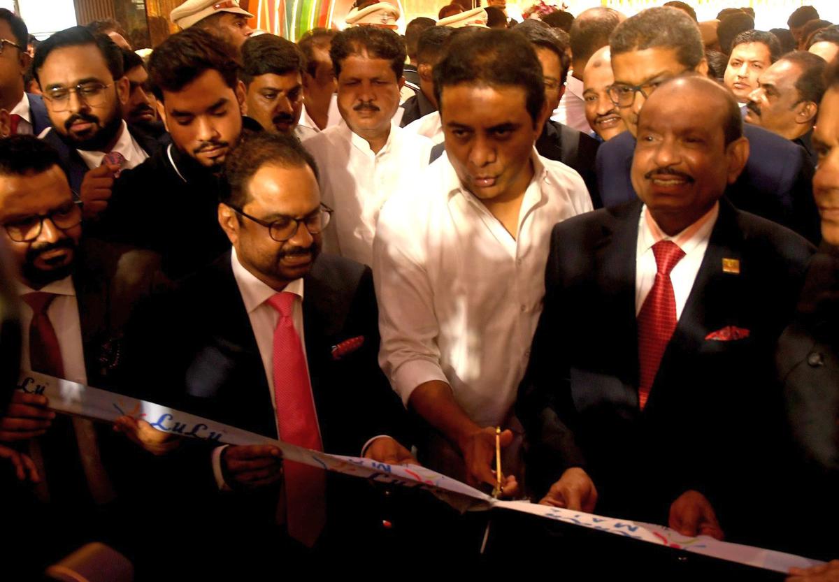 Telangana Municipal Administration Minister K.T. Rama Rao (centre) and LuLu Group International chairman & MD M.A. Yusuff Ali (right) during the Lulu mall launch at Kukatpally in Hyderabad on September 27, 2023. 