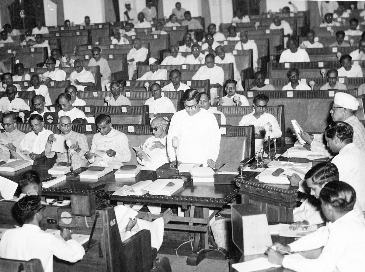 C. Subramaniam, Tamil Nadu Minister for Finance, is seen presenting the State Budget for the year 1953-’54 at the Madras Legislature on March 14, 1953.