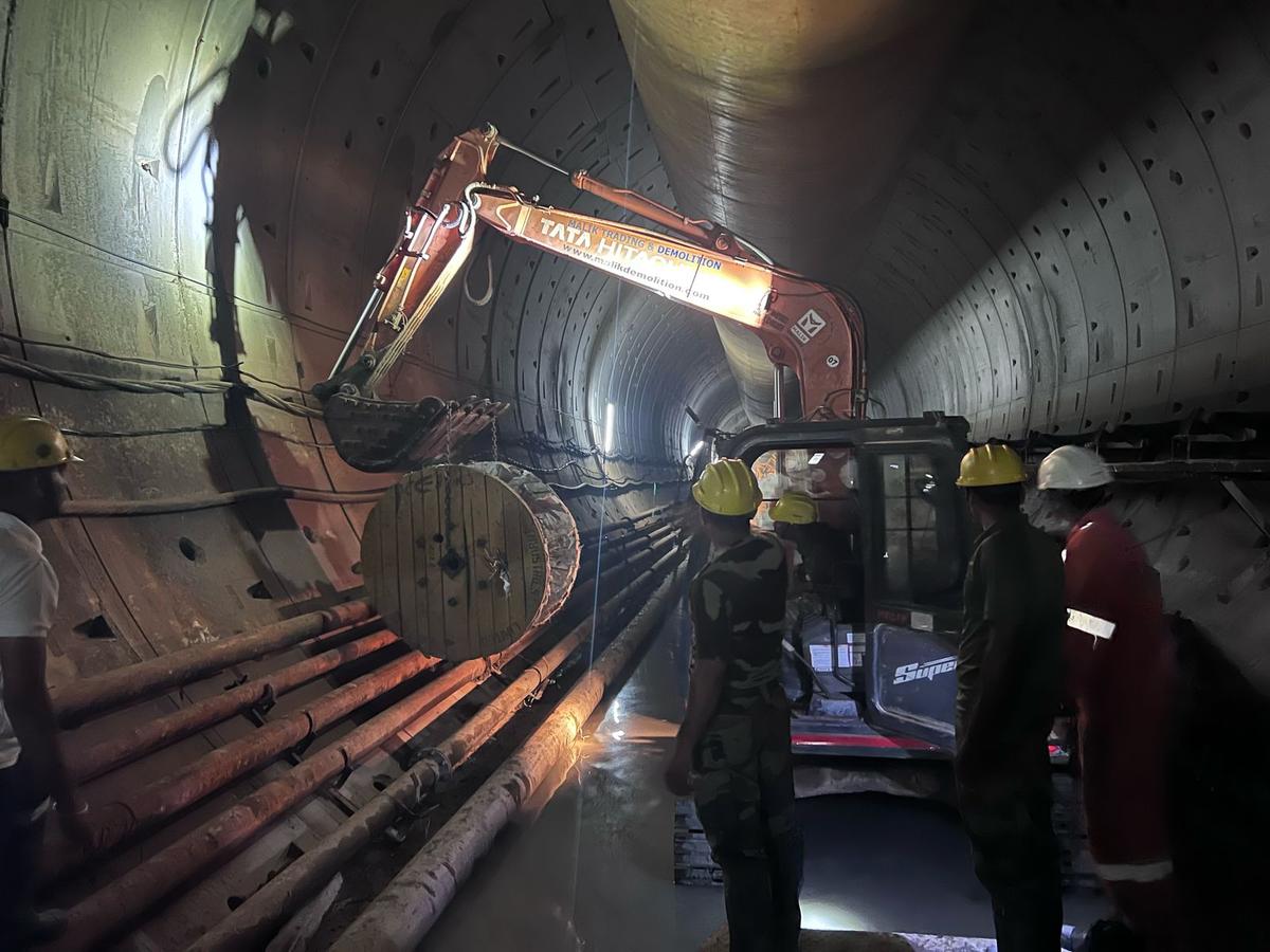 One the two excavators installed inside the collapsed part of the SLBC tunnel where rescue operations have been taken up since February 22.