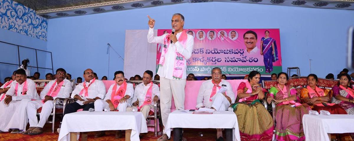 BRS leader T. Harish Rao speaking at a party meeting in Medak on Sunday.