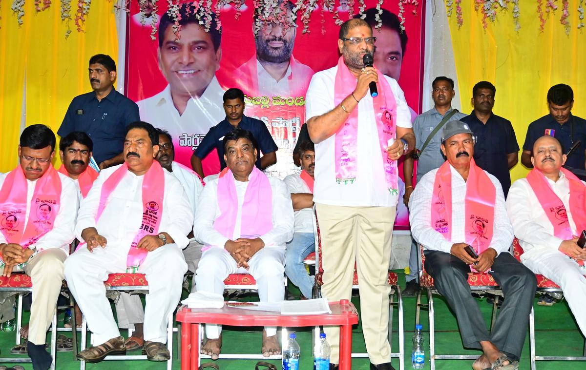 BRS MP Vaddiraju Ravichandra speaking at a party meeting at Penuballi in Khammam district on Friday.