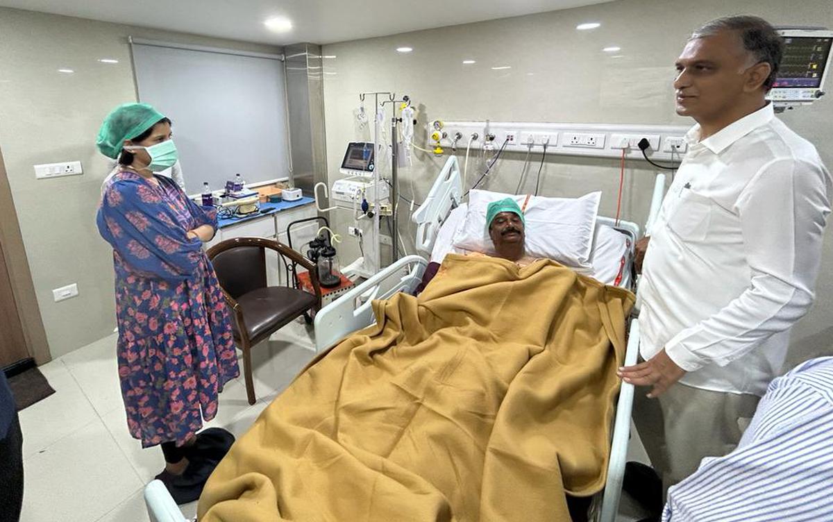 BRS leader T. Harish Rao visiting Medak MP K. Prabhakar Reddy undergoing treatment at a hospital in Hyderabad on Tuesday.