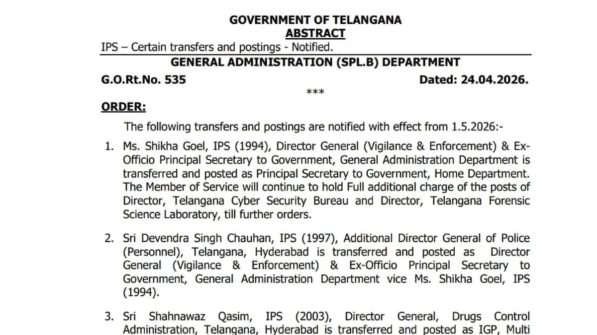 Telangana IPS transfers Apr 2026: Shikha Goel is Home Dept Principal Secretary, Malkajgiri Commissionerate gets new chief