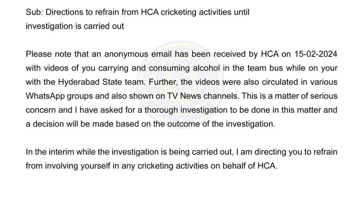 HCA directs women’s coach Vidyuth to refrain from carrying out cricketing activities till completion of probe