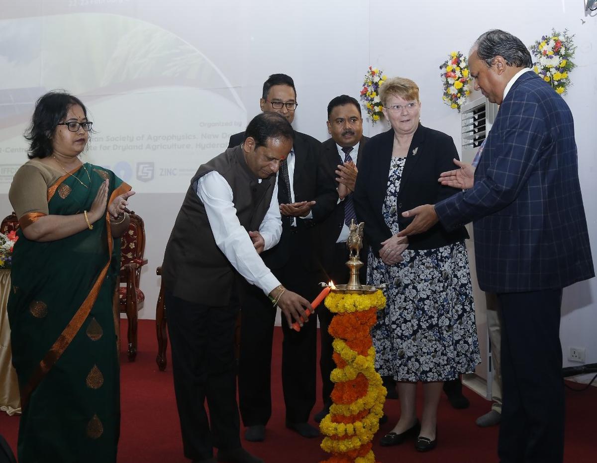 DG-ICAR Himanshu Pathak, DG-ICRISAT Jacqueline Hughes and others at a seminar on sustainable agriculture held at CRIDA in Hyderabad on Thursday.