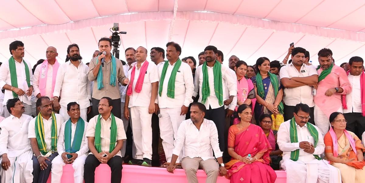 BRS working president K.T. Rama Rao speaking at a Rythu Mahadharna at Amangal in Rangareddy district on Tuesday.