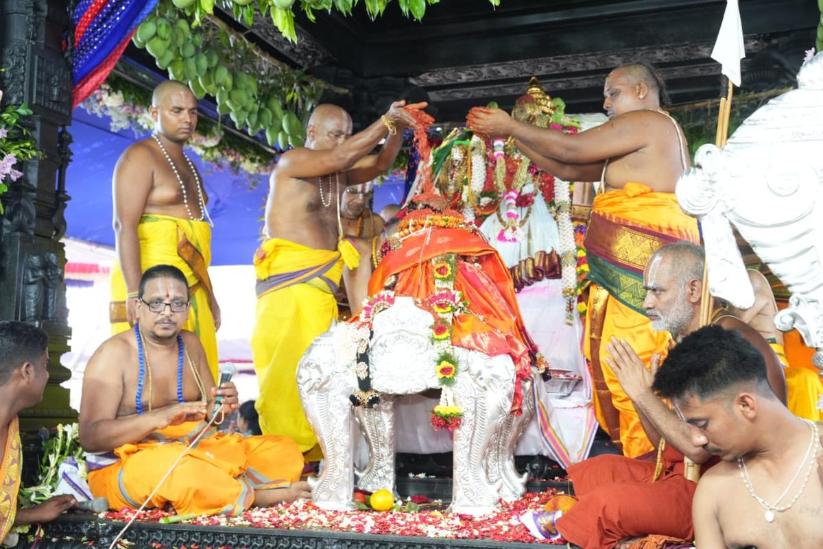 Priests performing the ‘celestial wedding’ of Lord Rama with his consort Sita on the occasion of Sri Rama Navami festival in Telangana’s temple town of Bhadrachalam on Sunday. Priests performing the ‘celestial wedding’ of Lord Rama with his consort Sita on the occasion of Sri Rama Navami festival in Telangana’s temple town of Bhadrachalam on Sunday.